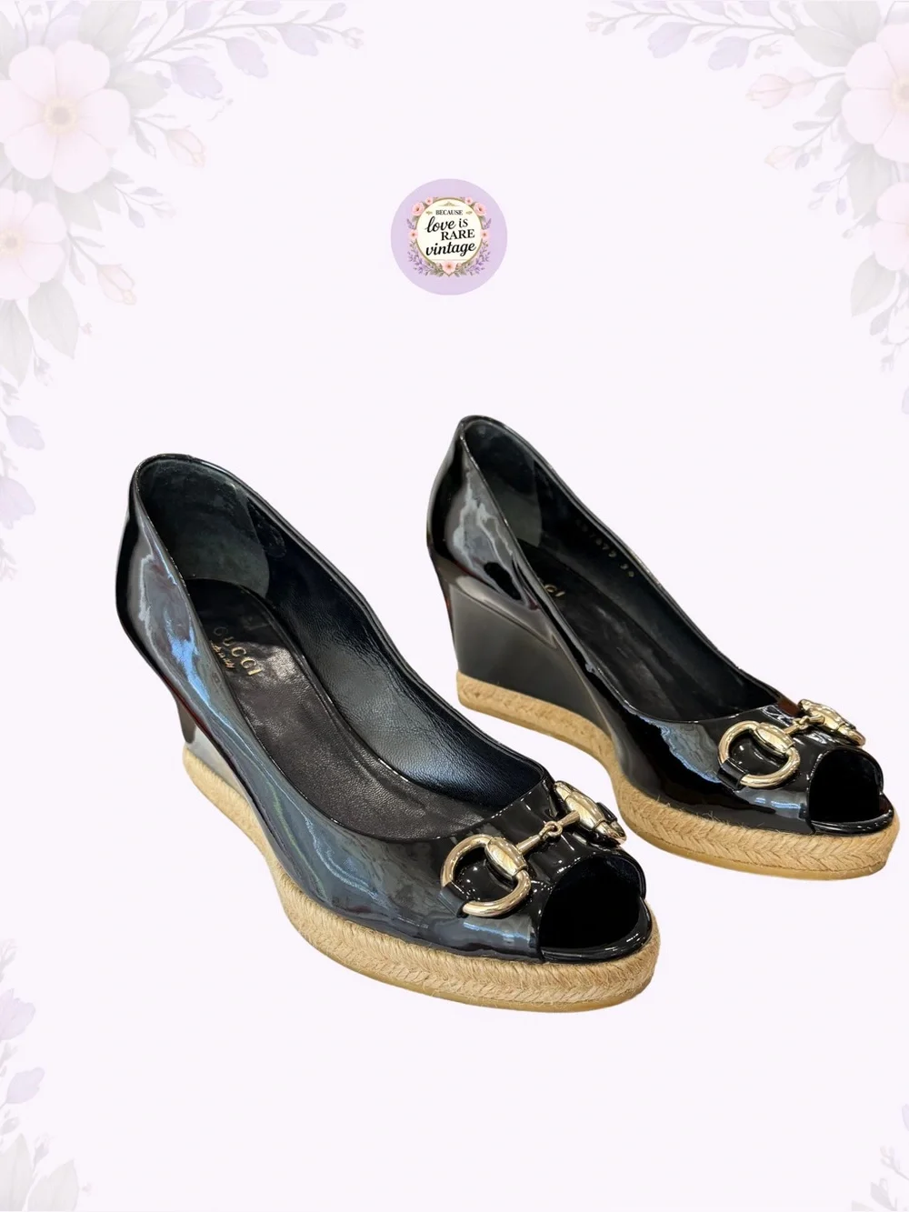 Vintage Gucci Horsebit Espadrille Wedges • Y2K Black Patent Leather Platforms